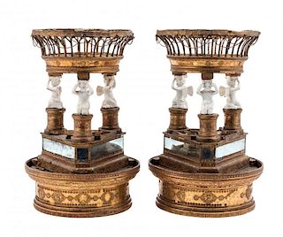 A Pair of French Gilt Metal and Bisque Porcelain Centerpiece Baskets Height 13 1/4 inches.