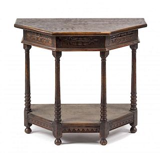 A Jacobean Style Oak Console Table Height 26 1/4 x width 30 1/4 x depth 15 3/8 inches.