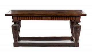 A Jacobean Style Oak Refectory Table Height 30 5/8 x width 71 7/8 x depth 28 inches.