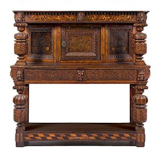 A Jacobean Style Oak and Marquetry Court Cupboard Height 49 3/4 x width 50 1/4 x depth 17 inches.