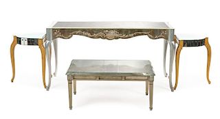 A Group of Art Deco Style Mirrored Tables Height of sofa table 30 1/2 x width 60 x depth 22 inches.
