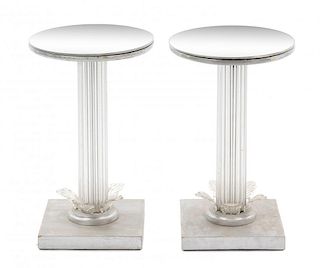 A Pair of Silvered Wood and Glass Pedestal Tables Height 23 x diameter of top 15 inches.
