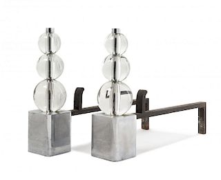 A Pair of Art Deco Glass and Aluminum Andirons Height 13 1/4 inches.