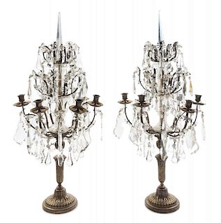 A Pair of Continental Brass and Glass Candelabra Height 26 inches.