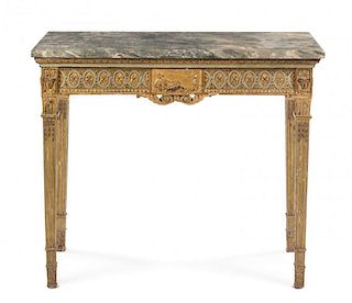 An Italian Painted and Parcel Gilt Console Table Height 36 x width 44 x depth 21 inches.