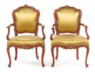 A Pair of Venetian Painted Armchairs Height 35 inches.