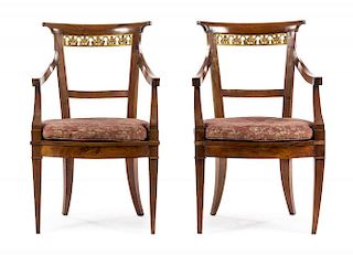 A Pair of Italian Parcel Gilt Armchairs Height 36 1/2 inches.