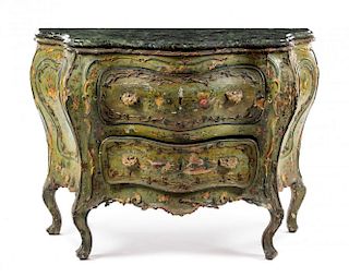 A Venetian Painted Commode Height 32 1/2 x width 42 3/4 x depth 18 1/2 inches.