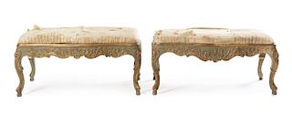 A Pair of Italian Painted Benches Height 14 1/2 x width 32 x depth 17 inches.