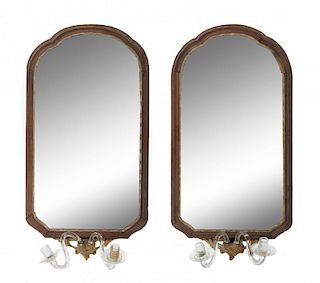 A Pair of Italian Parcel Gilt Walnut Girandole Mirrors Height 35 1/2 x width 16 1/8 inches.