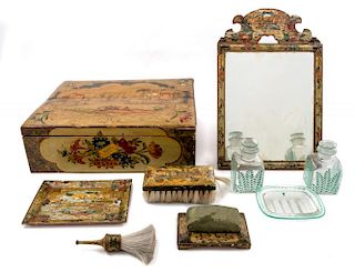 A Venetian Painted Dresser Set Height of box 5 1/4 x width 18 1/4 x depth 13 inches.