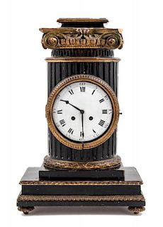 A Continental Ebonized and Giltwood Mantel Clock and Stand Height of clock 17 3/4 inches.