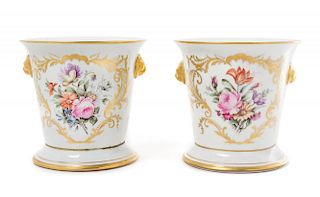 A Pair of French Porcelain Cache Pots Height 7 5/8 inches.