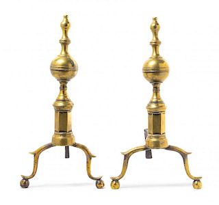 A Pair of Colonial Style Brass Andirons Height 18 inches.