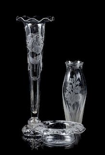 Two Large Etched Glass Vases Height of tallest 27 inches.