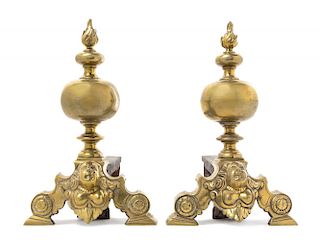 A Pair of Neoclassical Style Brass Andirons Height 11 inches.