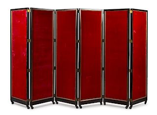 A Velvet Inset Lacquered Six-Panel Floor Screen Height 78 7/8 inches x width of each panel 21 inches.