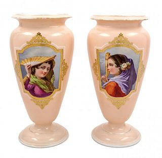 A Pair of Victorian Painted Glass Vases Height 13 inches.