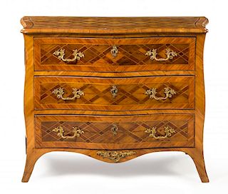 A Regence Style Parquetry Commode Height 32 1/2 x width 43 x depth 21 inches.