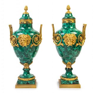 A Pair of Louis XV Style Gilt Bronze Mounted Malachite Urns Height 28 inches.