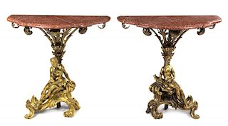A Pair of Louis XV Style Gilt Bronze and Marble Console Tables Height 35 x width 35 x depth 14 inches.
