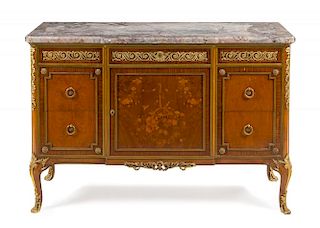 A Transitional Style Gilt Bronze Mounted Marquetry Commode Height 36 x width 54 x depth 22 inches.