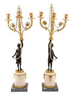 A Pair of Louis XVI Style Gilt and Patinated Bronze Three-Light Candelabra Height 29 inches.