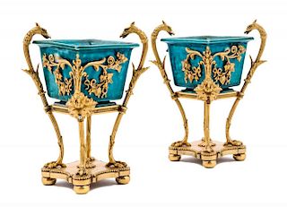 A Pair of Gilt Bronze Mounted Chinese Porcelain Censers Height 5 5/8 inches.