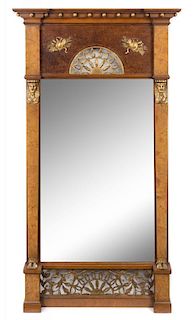 An Empire Style Gilt Metal Mounted Painted Mirror Height 42 1/2 x width 20 1/2 inches.