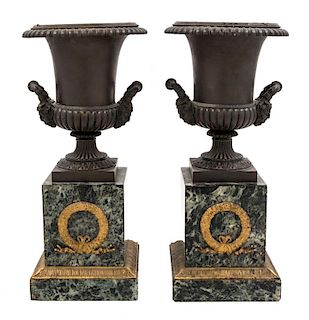 A Pair of Empire Bronze Urns Height 13 1/2 inches.