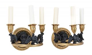 A Pair of Empire Style Gilt and Patinated Bronze Three-Light Sconces Height 6 x width 7 inches.