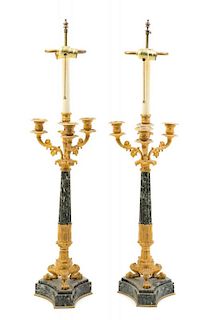 A Pair of Empire Style Gilt Bronze and Marble Four-Light Candelabra Height overall 33 1/4 inches.
