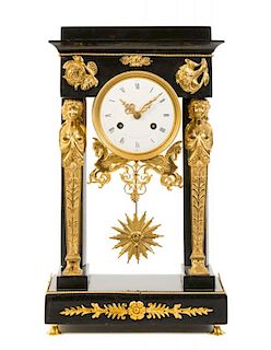 An Empire Gilt Bronze Mounted Marble Mantel Clock Height 16 7/8 inches.