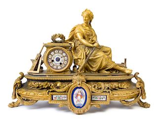 A Napoleon III Porcelain Mounted Gilt Bronze Figural Mantel Clock Height 31 inches.