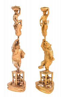 A Pair of French Gilt Metal Figural Candlesticks Height 12 1/2 inches.