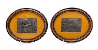 A Pair of Bronze Plaques Height 3 3/4 x width 5 3/8 inches (visible).