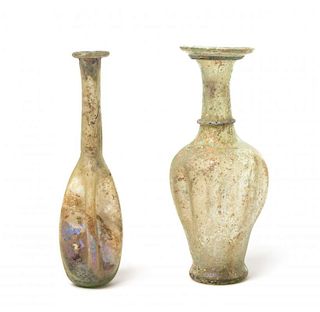 Two Roman Glass Articles Height of flask 5 3/8 inches.