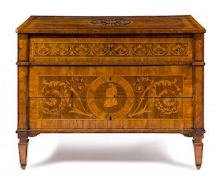 A Continental Marquetry Commode Height 34 7/8 x width 46 1/4 x depth 22 7/8 inches.