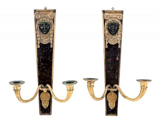 A Pair of Italian Neoclassical Horn, Gilt Bronze and Brass Two-Light Sconces Height 16 x width 9 inches.