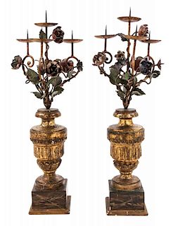 A Pair of Italian Giltwood and Tole Candelabra Height 18 1/4 inches.