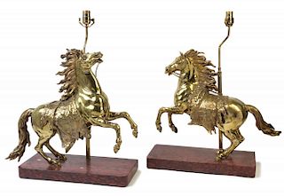 A Pair of Gilt Bronze Horses Height overall 28 inches.