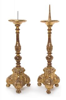 A Pair of North Italian Baroque Giltwood Prickets Height of tallest overall 24 1/8 inches.