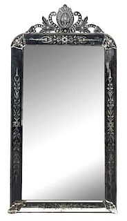 A Venetian Etched Glass Mirror Height 63 x width 32 3/4 inches.