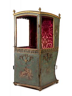 A Florentine Rococo Polychrome Painted and Parcel Gilt Canvas Sedan Chair Height 67 1/8 x width 31 1/2 x depth 31 inches.