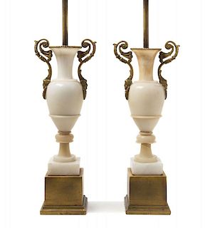 A Pair of Gilt Bronze Mounted Alabaster Urns Height overall 25 inches.
