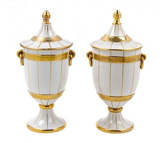 A Pair of Italian Ceramic Covered Urns Height 13 3/4 inches.