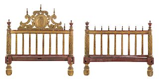 A Spanish Colonial Style Painted and Parcel Gilt Bed Height 51 1/4 x width 62 inches.