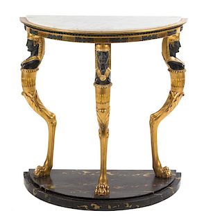 A Gustavian Style Partial Ebonized and Faux Marble-Painted Giltwood Console Table Height 33 1/2 x width 32 x depth 15 inches.
