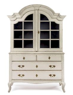 A Gustavian Style White Painted Bookcase Height 84 x width 54 3/8 x depth 17 1/8 inches.