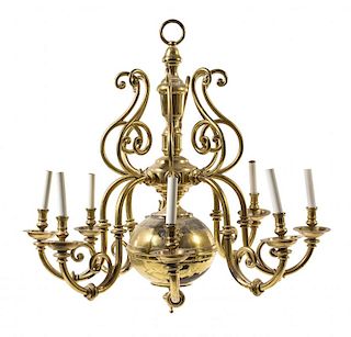 A Dutch Baroque Style Brass Eight-Light Chandelier Height 31 1/2 x diameter 33 inches.